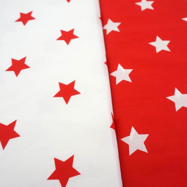 Baumwollstoff, Popeline große Sterne, Maxisterne, Weiß/Rot