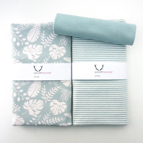 Stoffpaket Jersey, Blätter, Ringel Hellmint, 25 cm Bündchen