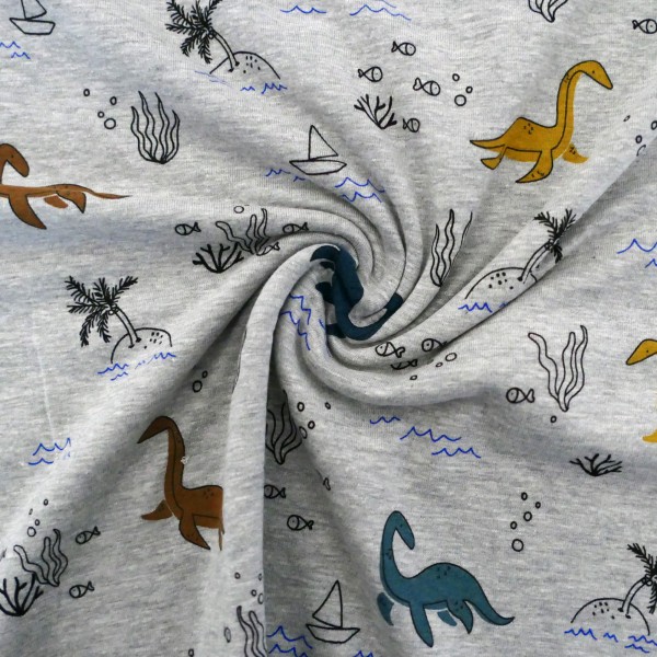 Jersey 'Dinosaurier', Hellgrau meliert, Bunt, Meterware