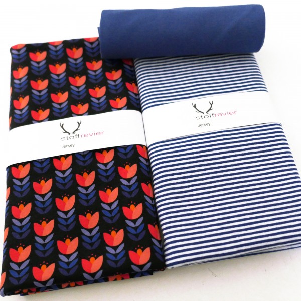 Stoffpaket Jersey, Retro Tulpe, Schwarz, Ringel Royalblau, 50 cm Bündchen