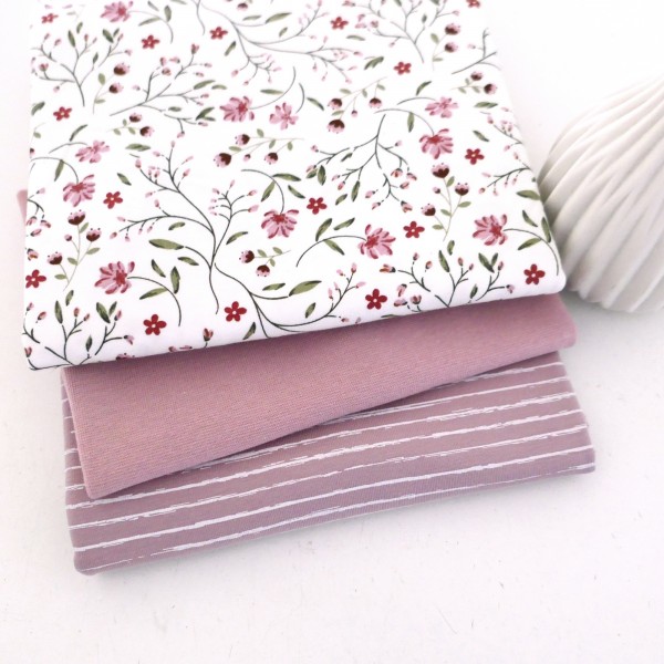 Jersey Stoffpaket, Blumenranken, Ranken, Linien, 50cm Bündchen Softrose