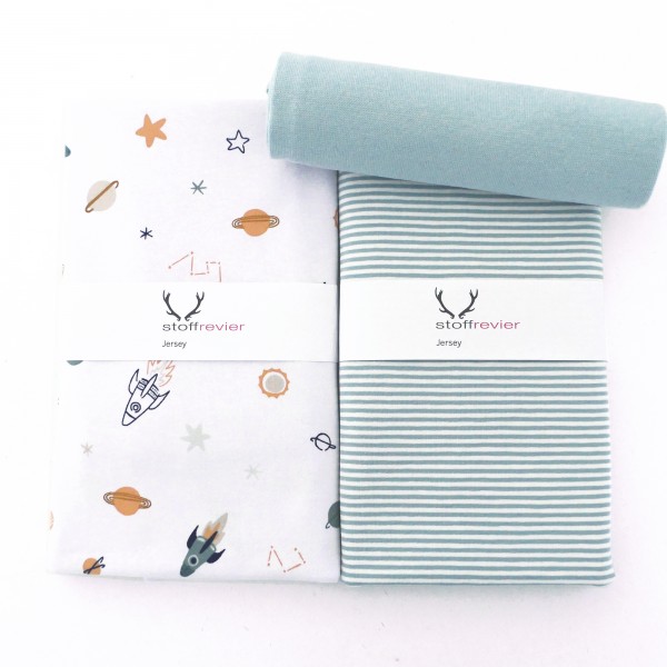 Stoffpaket Jersey 'Space' Weiß, Ringel Mint, Bündchen