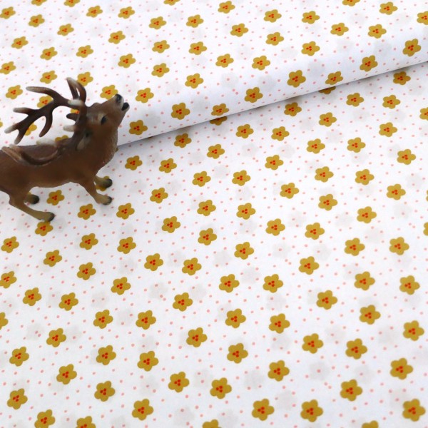 Baumwollstoff, Popelin, Blumen, Weiß, Gelb, Meterware