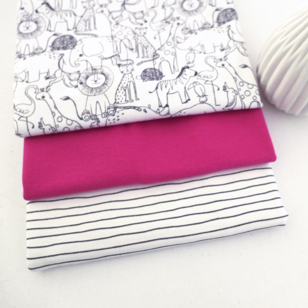 Stoffpaket Jersey, Im Zoo, Linien Off-White, 25 cm Bündchen Pink