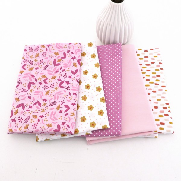 Restepaket Baumwolle, Blumen, Striche, Punkte, Uni, Rosa, Weiß, Gelb