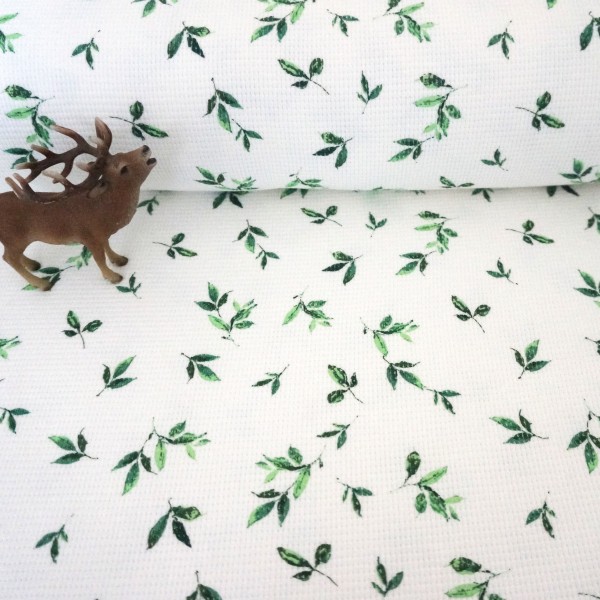 Waffeljersey, Waffelstrick, Zweige, Grün/Naturweiß, Meterware