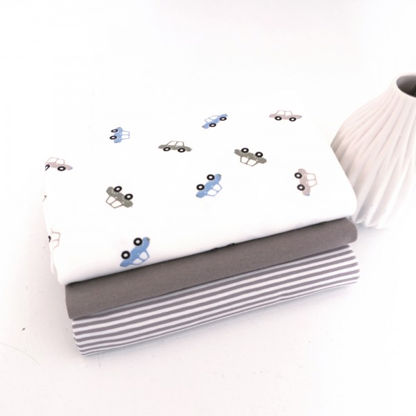 Stoffpaket Jersey, kleine Autos, Ringel, Bündchen