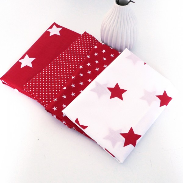 Stoffpaket Baumwolle, 4 x 50 x 140 cm, große Sterne, Dots, Rot/Weiß