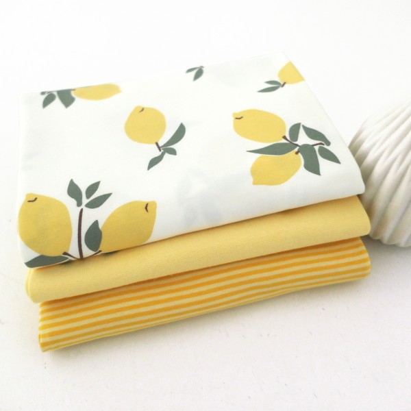 Stoffpaket Jersey, große Zitronen, Ringel Gelb, 25 cm Bündchen