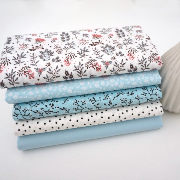 Stoffpaket, Fat Quarter, Baumwolle, Popeline, Streublumen Weiß, Zweige, Uni und Punkte