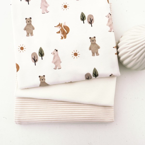 Stoffpaket Jersey, Fuchs und Bär, Off-White, Ringel Creme, 50cm Bündchen