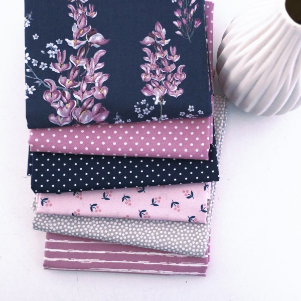6 x Fat Quarter 'Wisteria' Blüten, Punkte, Kleckse, Linien, Patchwork, Paket