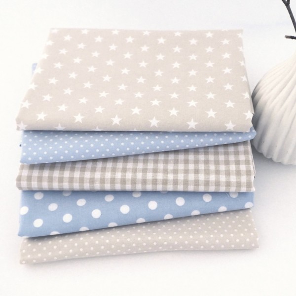 Stoffpaket Baumwolle, Fat Quarter, 5 x 50 x 72 cm, Hellblau, Creme, Patchwork