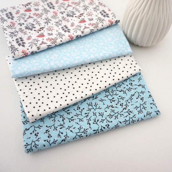 Stoffpaket, Baumwolle, Popeline, Streublumen, Hellblau, Weiß