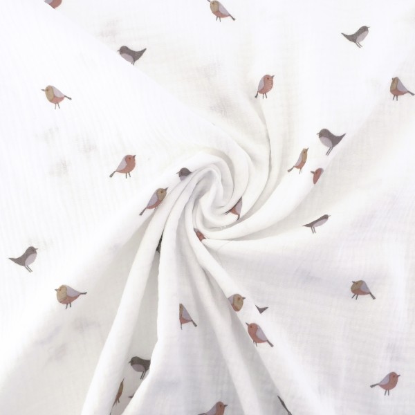 Musselin, Double Gauze, Vögel, Off-White, Meterware