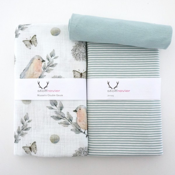 Stoffpaket Musselin Jersey, Rotkehlchen, Ringel Mint, Bündchen