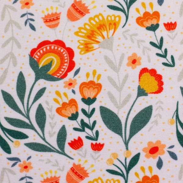 French Terry, Fields of Joy, Blumen, Weiß, Bunt, Meterware