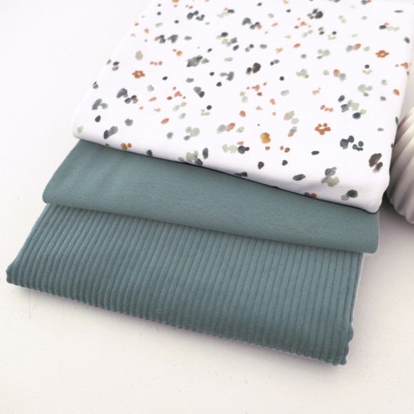 Stoffpaket Jersey Kleckse Water Colour, Cordjersey Uni Smaragd, Bündchen