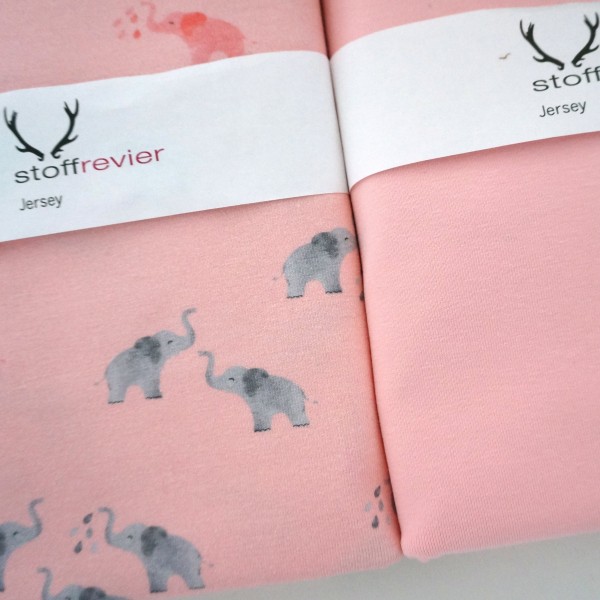 Stoffpaket Jersey, Elefanten, Uni, Rosa, Bündchen