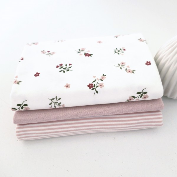 Stoffpaket Jersey, Streublumen, Ringel, 50cm Bündchen Rosé