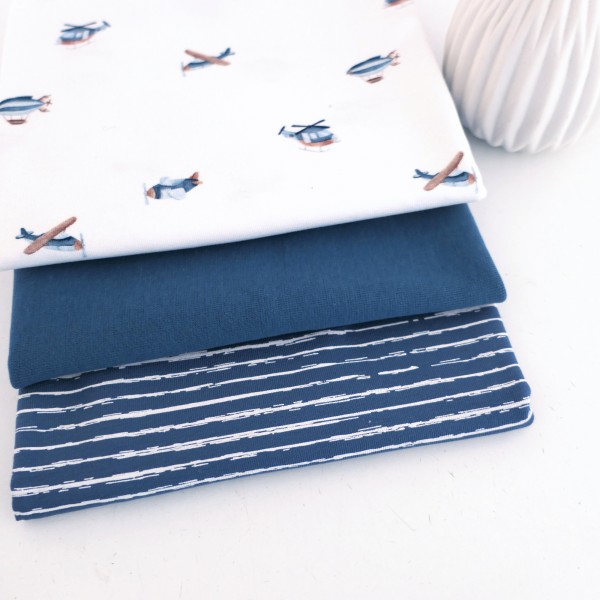 Stoffpaket Jersey, Flugobjekte, Helikopter, Linien, 25 cm Bündchen Blau