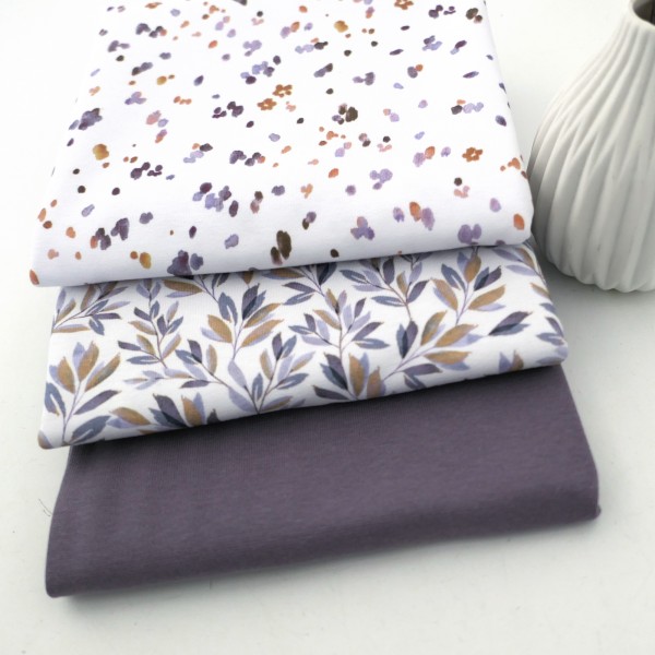 Stoffpaket Jersey Blätter, Zweige, Kleckse, Mauve, Bündchen