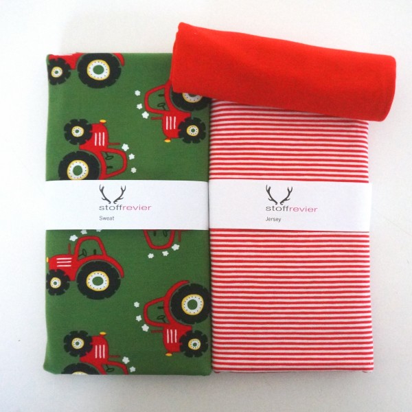 Stoffpaket Jersey, Trecker, Traktor, Rot, Ringel, 50cm Bündchen