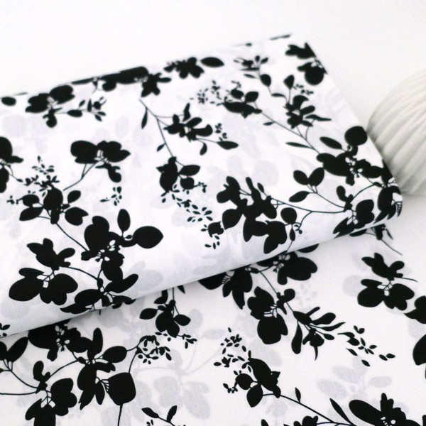 Baumwollstoff, Blumen, Weiß, Schwarz, Meterware