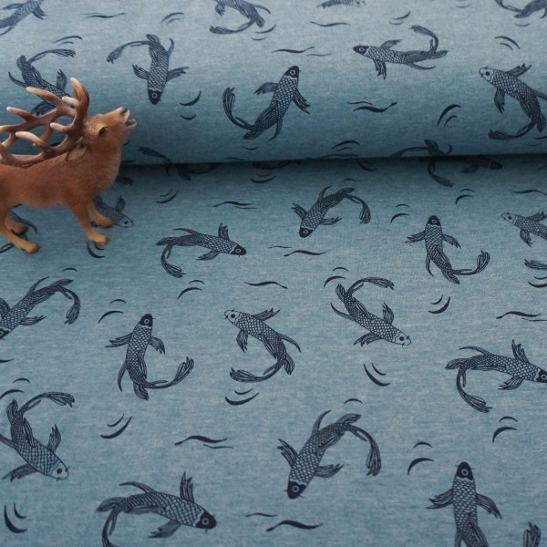 Jersey 'Kois' Fische, Rauchblau, meliert, Meterware