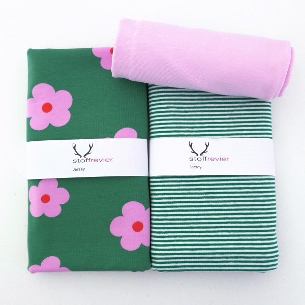 Jersey Stoffpaket, Prilblumen, Blüten, Rosa/Grün, Ringel, Grün, 50cm Bündchen
