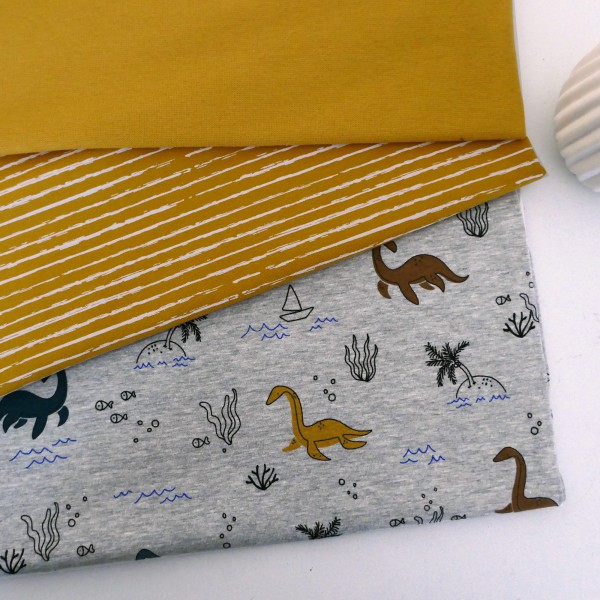 Stoffpaket Jersey, Dinos Hellgrau/Bunt, Linien Senf, 50cm Bündchen