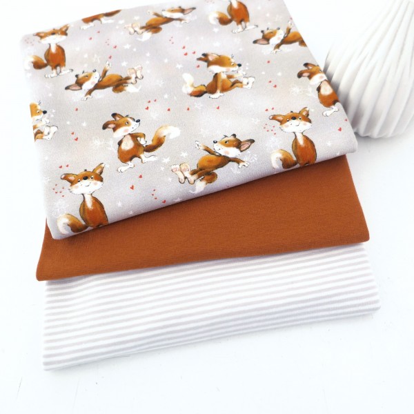 Stoffpaket Jersey 'freche Füchse' Grau, Ringel, 50cm Bündchen Ocker