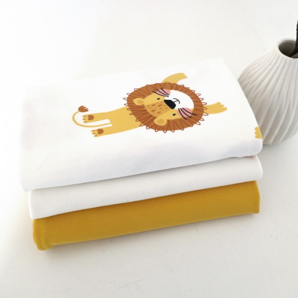 Stoffpaket Jersey 'Wilde Löwen' Off-White, Uni Gelb, 50cm Bündchen