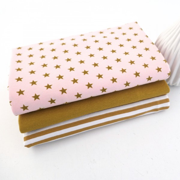 Jersey Stoffpaket, Sterne Rosé, Streifen und Bündchen Senf