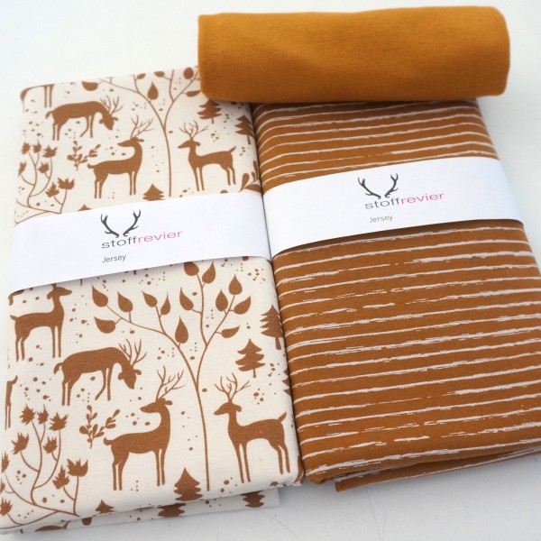 Stoffpaket Jersey, 'Miniwinter', Rotwild, Linien Ocker, Bündchen