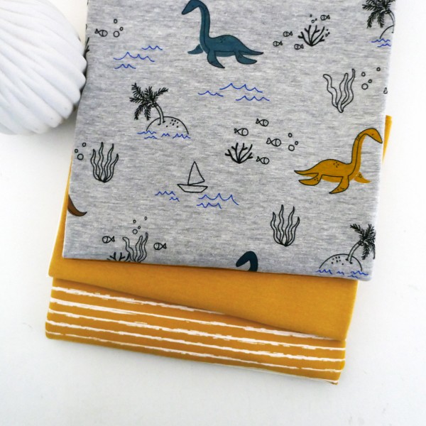 Stoffpaket Jersey, Dinos Hellgrau/Bunt, Linien Senf, 50cm Bündchen