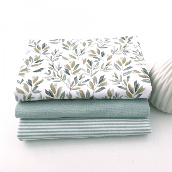 Stoffpaket Jersey Blätter, Zweige, Mint, Ringel, 50cm Bündchen