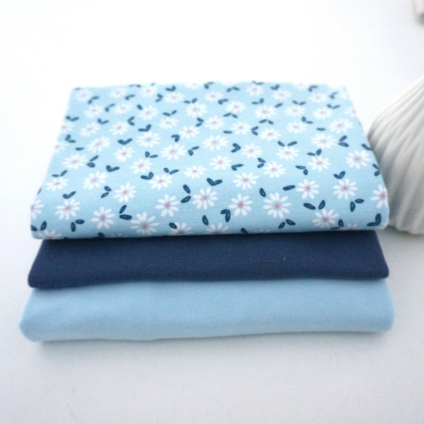 Stoffpaket Jersey, Streublumen, Uni Hellblau, Bündchen