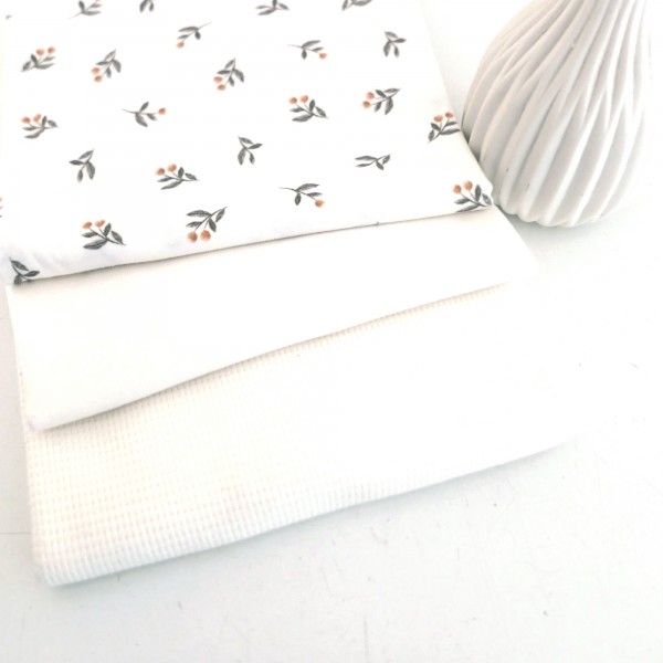 Stoffpaket Jersey, All-White, kleine Zweige Off-White, Waffeljersey und Bündchen