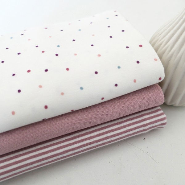 Stoffpaket Jersey, kleine Punkte, Altrosa, Ringel, 50 cm Bündchen Altrosa