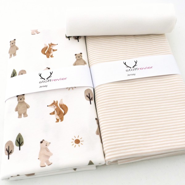 Stoffpaket Jersey, Fuchs und Bär, Off-White, Ringel Creme, 50cm Bündchen
