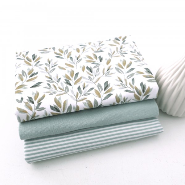 Stoffpaket Jersey Blätter, Zweige, Mint, Ringel, 50cm Bündchen