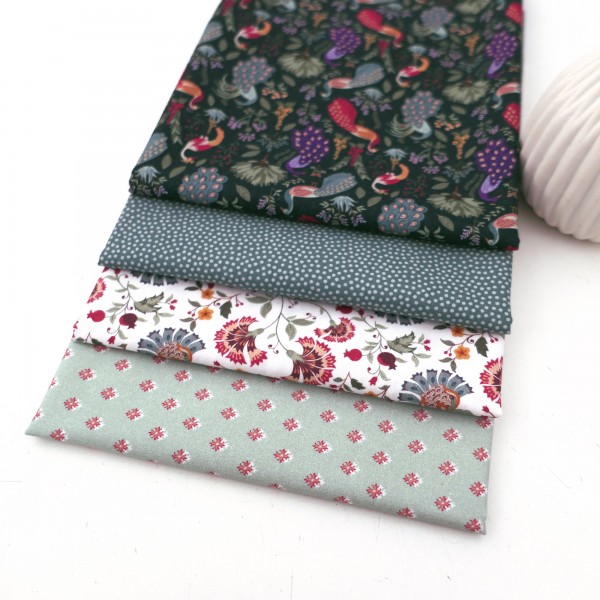 4 x 50 x 140 cm, Stoffpaket, Pfauen, Punkte, Blumen, Baumwolle
