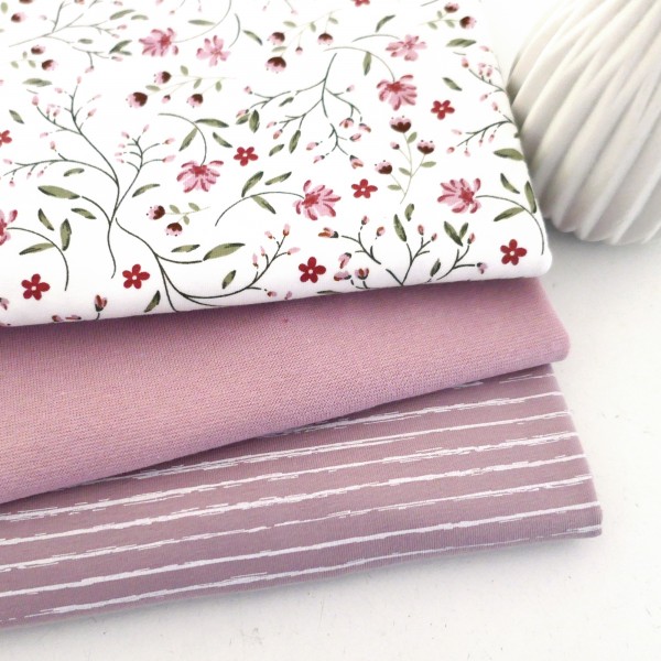 Jersey Stoffpaket, Blumenranken, Ranken, Linien, 50cm Bündchen Softrose