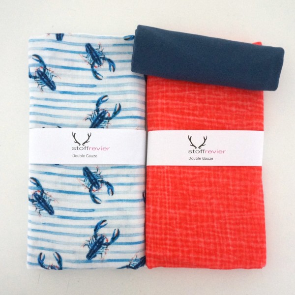 Stoffpaket Musselin, Lobster Hummer, Uni Koralle Tie Dye, Bündchen