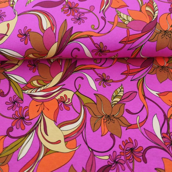 Viskosejersey, Lilien, 70er, Pink, leichter Kleiderstoff, Meterware