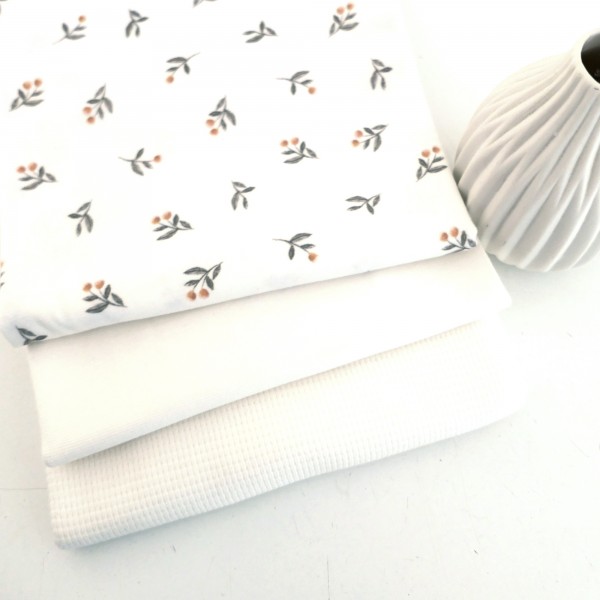 Stoffpaket Jersey, All-White, kleine Zweige Off-White, Waffeljersey und Bündchen