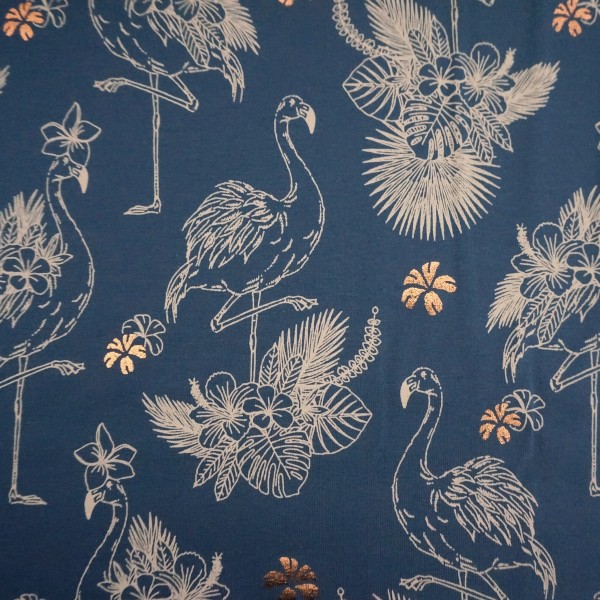 Jersey, Flamingos, Blau, Golddruck, Meterware