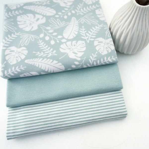 Stoffpaket Jersey, Blätter, Ringel Hellmint, 25 cm Bündchen