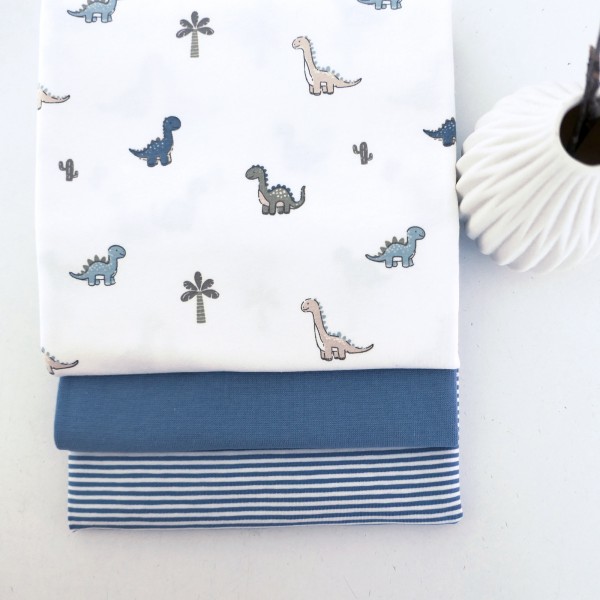 Stoffpaket Jersey, Dinosaurier Off-White, Ringel Blau, Bündchen